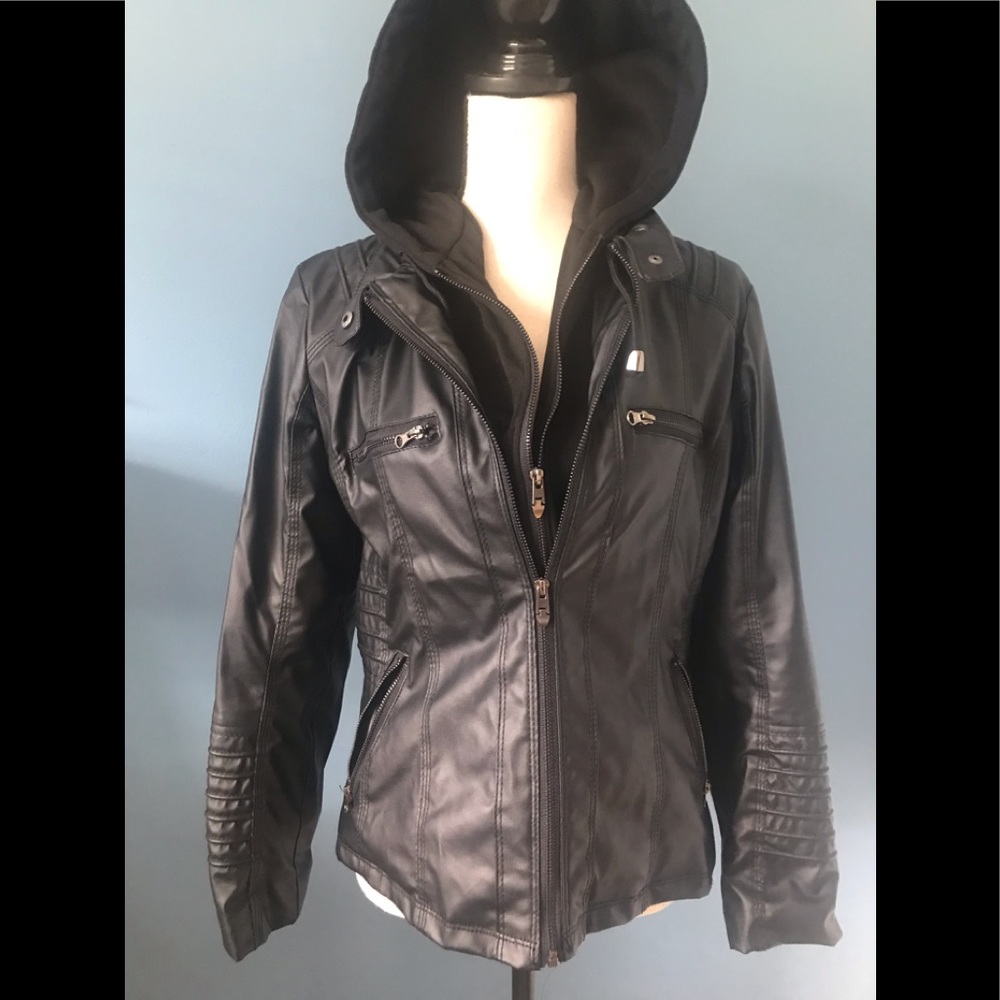 Black faux leather jacket with hoodie.  Size small